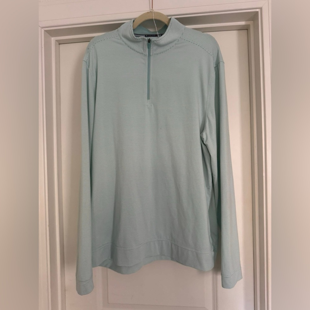 Light green and white pin stripe Southern Tide quarter zip pullover
